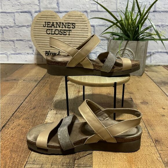 Naot Krista Wedge Strappy Sandal Satin Gold Leather/Beige with Silver Rivets 8 - Picture 10 of 11